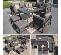 muenfly Ensemble de meubles de jardin pour 8 personnes, demi-lune avec fauteuil, tabouret et table basse, en verre, pour balcon et terrasse, cadre en fer robuste avec coussins gris