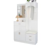 muenfly Garde-robe compacte moderne pour couloir, 110 x 33 x 185,5 cm, avec miroir, banc et armoire à chaussures, ensemble multifonctionnel, blanc