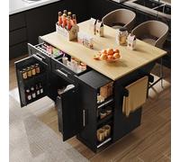 muenfly Îlot de cuisine avec armoire fonctionnelle extensible et plateau pliable - Chariot de cuisine noir avec étagères à collations et roulettes de blocage, table à manger multifonctionnelle, 110 x