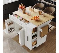 muenfly Îlot de cuisine avec armoire fonctionnelle extensible et plateau pliable - Chariot de cuisine blanc avec étagères à collations et roulettes de blocage, table à manger multifonctionnelle, 110 x