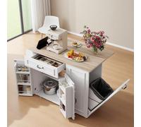 muenfly Îlot de cuisine avec prise - Plan de travail pliable extensible pour table à manger, chariot de cuisine avec tiroir et compartiments, sur roulettes, 110 x 40 (70) x 90 cm, blanc