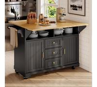 muenfly Îlot de cuisine extensible avec roulettes - Chariot de cuisine avec plan de travail pliable, armoire de buffet avec 3 tiroirs et 2 portes, porte-serviettes et étagère à épices, noir, 120 x 40