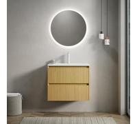 muenfly Lavabo avec meuble bas de 61 cm, en céramique blanche, tiroirs en bois massif, pré-monté, grain de bois rayé, design moderne pour salle de bain et WC d'invités
