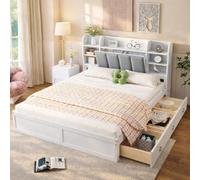 muenfly Lit double 160 x 200 cm avec espace de rangement et tiroirs, lit capitonné en bois de pin, blanc et gris, pour adolescents et adultes