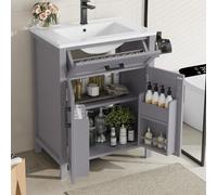 muenfly Meuble de salle de bain à poser au sol avec lavabo, entièrement laqué, à double porte, tiroirs pratiques, étagères réglables, lavabo en céramique intégré, 60 x 46 x 84,8 cm, gris