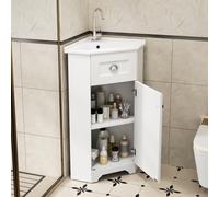 muenfly Meuble sous lavabo avec bac en céramique - Meuble de salle de bain en MDF imperméable - Meuble de salle de bain modèle sur pied et peu encombrant - Avec poignée en métal - Blanc - 59 x 90 cm