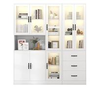 muenfly Meuble TV et Vitrine Murale LED avec Contrôle App, 180 cm - Bibliothèque de Rangement avec Portes Acrylique, 3 Tiroirs, Étagères Réglables - Multifonction pour Salon (Blanc)