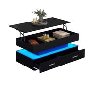 muenfly Table basse LED réglable en hauteur - 100 x 50 cm - Noire - Avec application Bluetooth et 2 tiroirs - Espace de rangement hydraulique - Table de commande musicale moderne