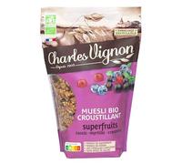 Muesli Croustillant Bio aux Superfruits et Avoine Française - Source de Fibres, Sans Huile de Palme - Format 375 g - Lot de 3