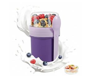 Muesli Cup, 450 ml + 250 ml, Tasse à Yaourt, tasse de céréales à emporter étanche avec cuillère et boîte à sauce, boîte à déjeuner sans BPA, bol à céréales, pour les enfants et les adultes, pourpre