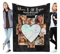 Muewent Couverture personnalisée avec collage de carte de cœur avec 8 photos et vos mots, parfaite pour les couples qui se souviennent de leur relation longue distance dans leur ville natale ou de