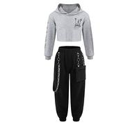 Mufeng 2 Pieces Ensemble Danse Hip Hop Enfant Fille Crop Top Sweat Shirt Manches Longues avec Pantalon Cargo Costume Danse Jazz Streetwear 3-16 Ans Gris 11-12 ans