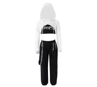 Mufeng 3 Pcs Ensemble Danse Hip Hop Enfant Fille Crop Top Sweat à Capuche Manches Longues Débardeur Sport Yoga Pantalon Cargo Tenue Danse Jazz Streetwear 3-16 Ans Blanc 15-16 ans