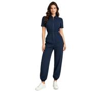 Mufeng Blouse médicale une pièce femme manches courtes multiples poches fermeture éclair devant - Pantalon intégré taille élastique tenue infirmière médecin S-3XL Bleu marine XL
