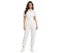 Mufeng Blouse médicale une pièce femme manches courtes multiples poches fermeture éclair devant - Pantalon intégré taille élastique tenue infirmière médecin S-3XL Blanc XL