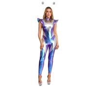 Mufeng Costume Astronaute Femme Métallique Combinaison Cosplay Alien Extraterrestre avec Coiffe pour Halloween Carnaval Dégradé bleu M