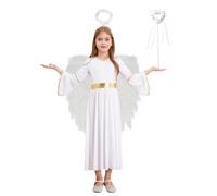 Mufeng Costume Deguisement Angle Diablesse Fille Enfant Robe Angel Diable Ailes d'Anges Plumes Fille Blanc et Serre-tête Bandeau Halloween Carnaval Blanc 9-10 ans