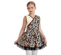 Mufeng Costume Grottes Préhistoriques Enfant Fille Strass Brillants Robe sans Manches en Maille Léopard Robe Cosplay Prehistoire Carnaval Brun foncé 7-8 Ans