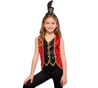 Mufeng Costume Magicien Enfant Fille 2 Pièces Gilet sans Manches Paillettes et Chapeau Plumes Costume Batteur Musicien Rouge Noir B 7-8 ans