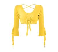 Mufeng Danse Orientale Femme Boléro Danse Orientale Crop Top Dos Nu Col V 3/4 Manche Très Souple et Chic Haut Casual Ete Taille Unique Jaune Taille Unique
