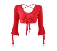 Mufeng Danse Orientale Femme Boléro Danse Orientale Crop Top Dos Nu Col V 3/4 Manche Très Souple et Chic Haut Casual Ete Taille Unique Rouge Taille Unique
