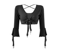 Mufeng Danse Orientale Femme Boléro Danse Orientale Crop Top Dos Nu Col V 3/4 Manche Très Souple et Chic Haut Casual Ete Taille Unique Noir Taille Unique