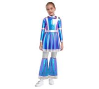 Mufeng Déguisement Alien Extraterrestre Fille Holographique Robe avec Couvre-Jambes Costume Espace Halloween Carnaval Noël Bleu 13-14 ans