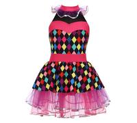 Mufeng Déguisement Clown Cirque Enfant Fille Justaucorps Robe Danse Performance Tulle Robe Princesse Fête Halloween Carnaval Rose vif fluorescent 9-10 ans
