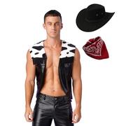 Mufeng Déguisement Cow-Boy Homme Gilet Vache Flanelle avec Chapeau Cowboy Western et Bandana Ensemble Cosplay pour Halloween Carnaval Noir 3XL