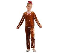 Mufeng Déguisement Gingerbread Noël Enfant Garçon Fille Haut Manches Longues et Pantalon Tenue Bonhomme Pain d'Épice Brun 15-16 ans