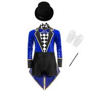 Mufeng Déguisement Magicien de Cirque Enfant 4 Pièces Combinaison Magicien à Paillettes Damier Costume Cosplay Circus Halloween Bleu royal 7-8 ans