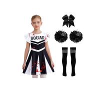 Mufeng Deguisement Pom-Pom Girl Effrayant Fille Halloween Costume Cheerleading Pompons Chaussettes Cheveux Carnaval Mascarade Noir 4-5 ans