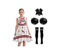 Mufeng Deguisement Pompom Girl Zombie Fille Enfant Halloween Costume Cheerleading Robe Pompons Chaussettes Cheveux Carnaval Blanc noir 4-5 ans
