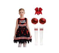 Mufeng Deguisement Pompom Girl Zombie Fille Enfant Halloween Costume Cheerleading Robe Pompons Chaussettes Cheveux Carnaval Noir rouge 4-5 ans