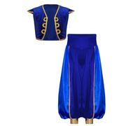 Mufeng Déguisement Prince Arabe Garçon Costume Danse Orientale Veste sans Manches Pantalon Harem Enfant Halloween Carnaval Bleu royal 13-14 ans