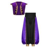 Mufeng Déguisement Prince Arabe Garçon Costume Danse Orientale Veste sans Manches Pantalon Harem Enfant Halloween Carnaval Violet Noir 15-16 ans