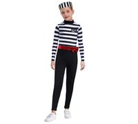 Mufeng Déguisement Prisonnier Garçon Fille Combinaison Prisonnier Rayée et Chapeau Tenue Cosplay Bagnard Halloween Noir 11-12 ans
