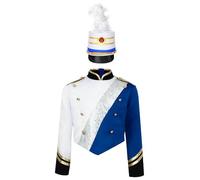 Mufeng Déguisement Tambour Fanfare Garçon Costume Orchestre Veste avec Chapeau Uniforme Monsieur Loyal Halloween Carnaval Noël B Bleu 9-10 ans