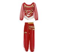 Mufeng Enfant Fille Ensemble Costume Danse Orientale Haut et Pantalon Tenue Danse du Ventre Déguisement Princesse Tenue Soirée Gala Dancewear Rouge 7-9 ans