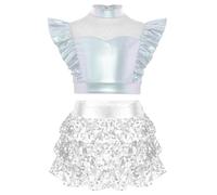 Mufeng Ensemble Danse Latine Fille Robe Danse Moderne Jazz Jupe et Haut de Danse Classique Tutu Ballet Spectacle Dancewear Argenté 11-12 ans