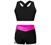 Mufeng Ensemble de Sport Enfant Fille Débardeur Brassière Dos Nu Crop Top de Fitness + Short de Sport Gym Costume Survetement 3-16 Ans A Rose Noire 9-10 Ans