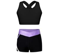 Mufeng Ensemble de Sport Enfant Fille Débardeur Brassière Dos Nu Crop Top de Fitness + Short de Sport Gym Costume Survetement 3-16 Ans A Noir&Lavande 9-10 Ans