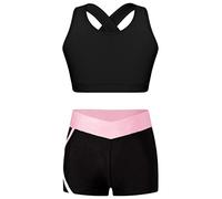Mufeng Ensemble de Sport Enfant Fille Débardeur Brassière Dos Nu Crop Top de Fitness + Short de Sport Gym Costume Survetement 3-16 Ans A Noir&Rose 9-10 Ans