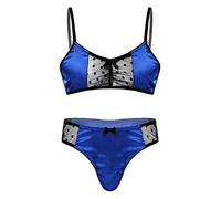 Mufeng Ensemble Lingerie Satin Homme Sexy Sissy sous-Vêtement Maille Transparent Bra Top Dentelle Soutien-Gorge String Culotte Travesti Lingerie Erotique Bikini Cosplay M-XXL Bleu XL