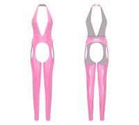 Mufeng Femmes Adultes Vêtements de fête Combinaison en faux cuir effet mouillé État solide et liquide Combinaison ajustée Nuitée Métallisé brillant Pink L