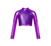 Mufeng Haut de Danse Fille Shiny Metal Corp Top Manche Longue Enfant T-Shirt Danse Moderne Jazz Costume Dancewear 5-16 Ans Violet 11-12 Ans