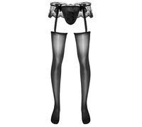 Mufeng Hommes Bas de Collant Chaude Évider Lingerie Résille Sexy Coquine Hot Porte-jarretelle Dentelle String Jockstrap Gay Underwear Noir Taille Unique