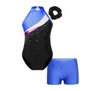 Mufeng Justaucorps de Gymnastique Fille avec Short et Ceinture de Cheveux Tenue Patinage Artistique Combinaison Danse Classique Ensemble Gym 5-16 Ans Bleu royal 11-12 ans