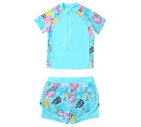 Mufeng Maillot de Bain Fille Anti UV 2pcs Tankini Enfant Haut Manche Courte T-Shirt de Bain avec Shorty Sport Eté Ensemble de Plage Natation Rash Guard 3-14 Ans Bleu Licorne 9-10 Ans