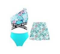 Mufeng Tankini 3 Pièces Enfant Fille Maillot de Bain Floral Bikini Tube Tops Haut à Bretelles Bas de Bain et Paréo Jupe d'été Ensemble de Natation Swimsuit 3-16 Ans B Vert Clair 15-16 Ans